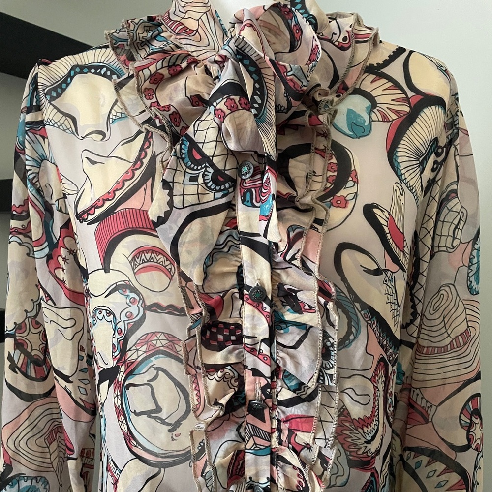 Tasha Polizzi Cream and Pink Abstract Ruffle Blouse 16” pit to pit